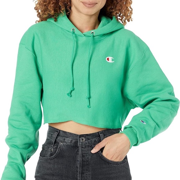 Champion Cropped Sea foam Green Hoodie Sweatshirt - Picture 1 of 8